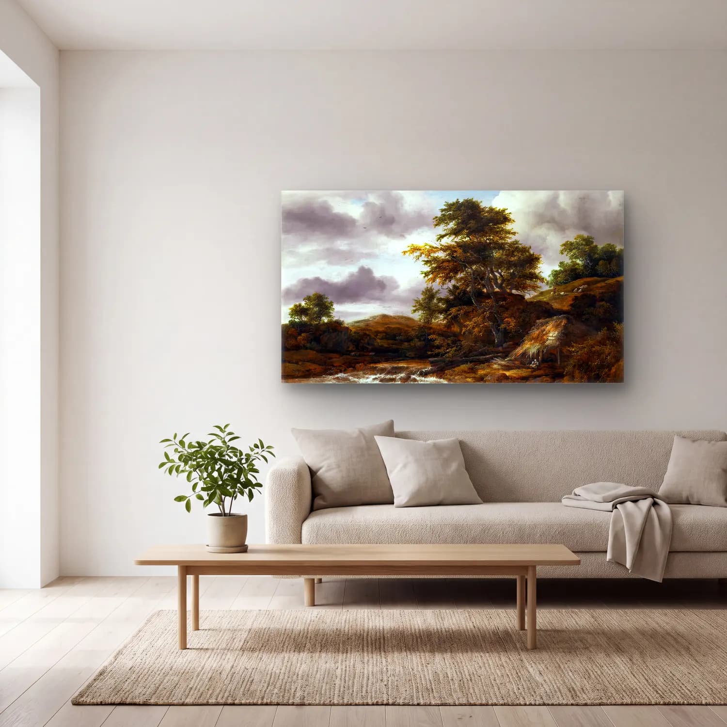 Jacob Isaackszon van Ruisdael – Low Waterfall in a Hilly Landscape cam tablo — açık renk salonda