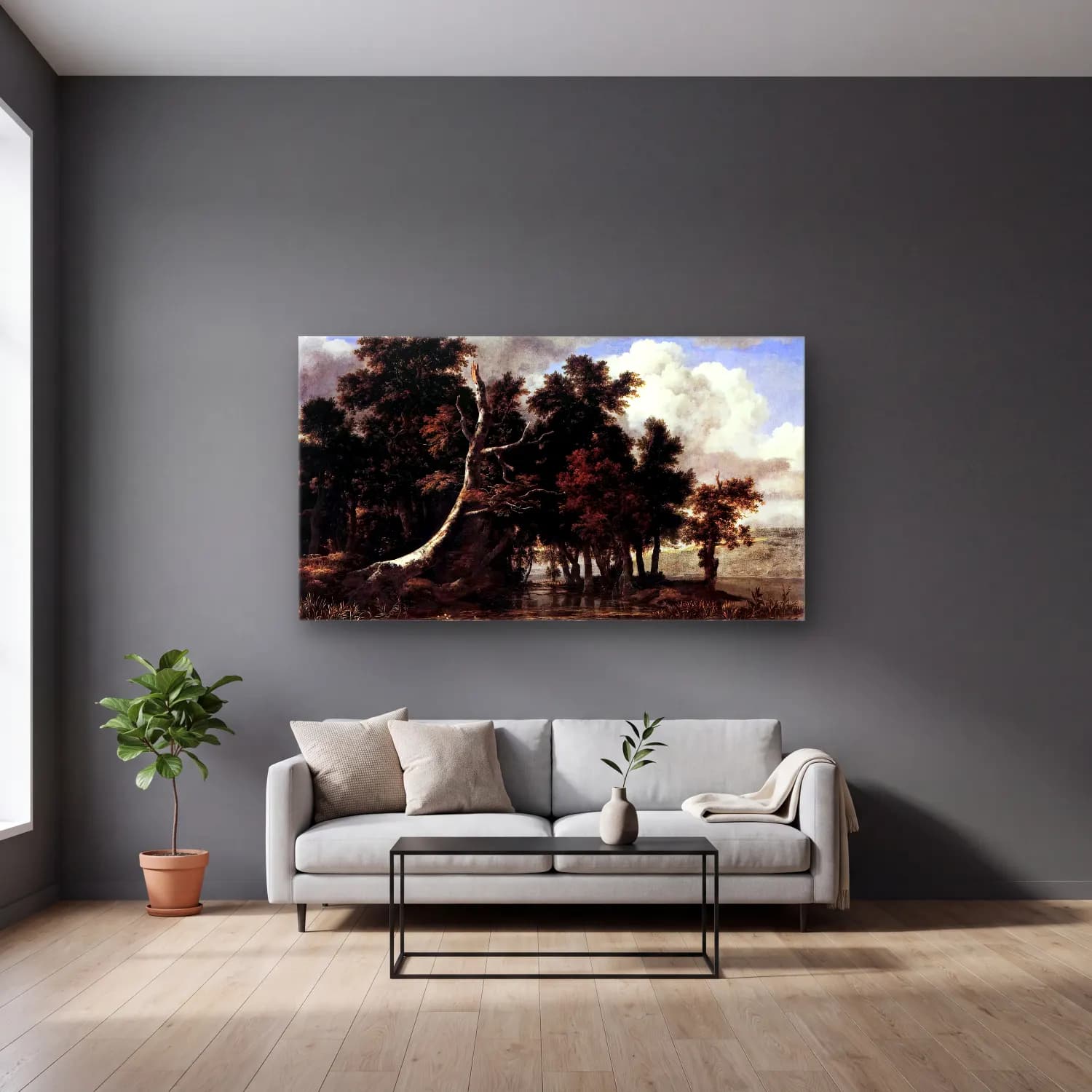 Jacob Isaackszon van Ruisdael – Oaks by a Lake with Waterlilies cam tablo — gri duvarlı salonda