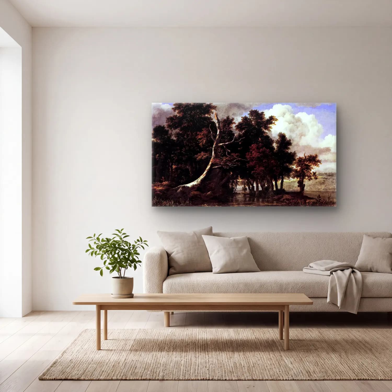 Jacob Isaackszon van Ruisdael – Oaks by a Lake with Waterlilies cam tablo — açık renk salonda