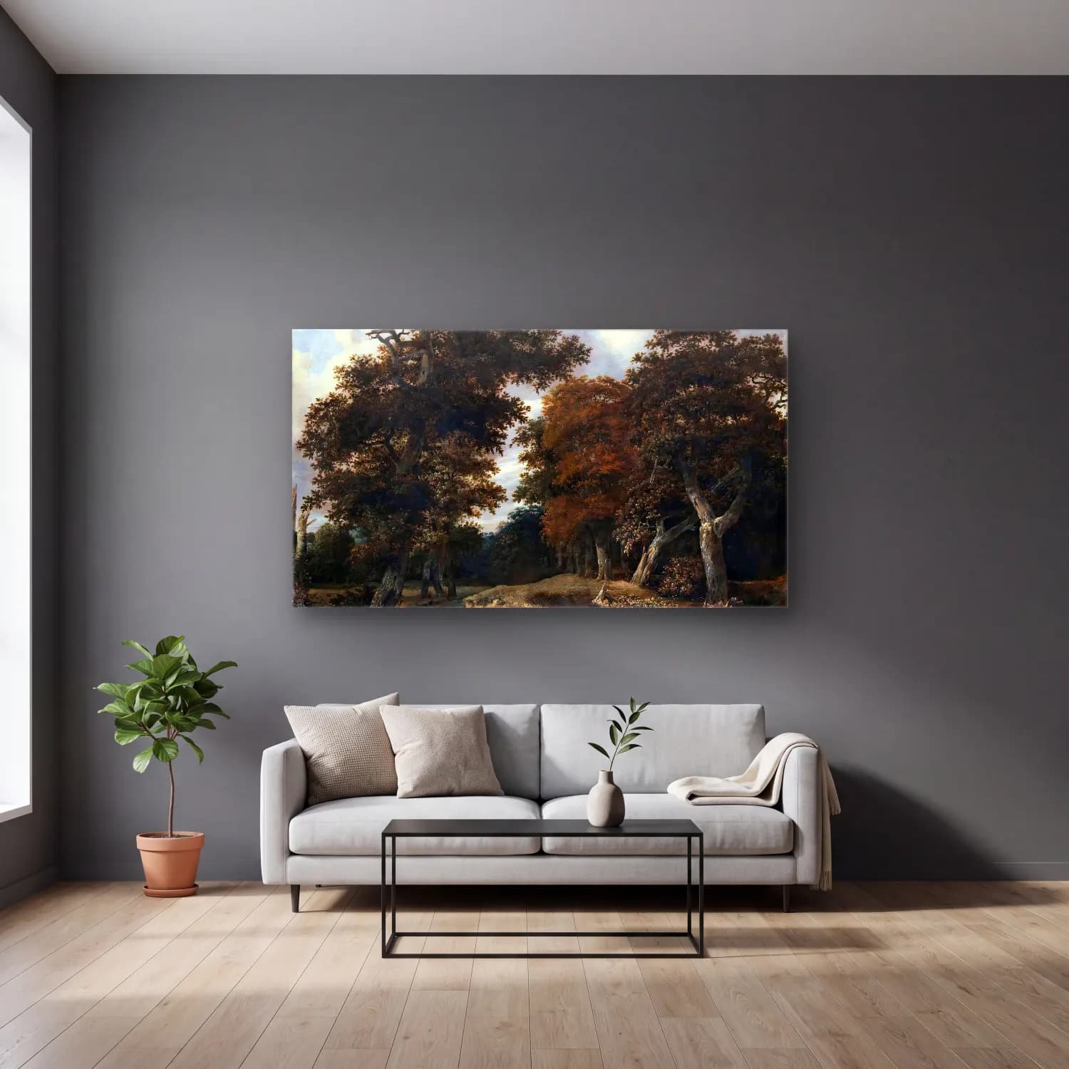 Jacob Isaackszon van Ruisdael – Road through an Oak Forest cam tablo — gri duvarlı salonda