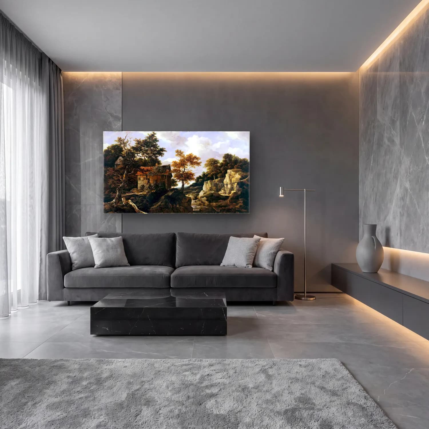 Jacob Isaackszon van Ruisdael – Rocky Landscape with a Waterfall cam tablo — lüks salon duvarında