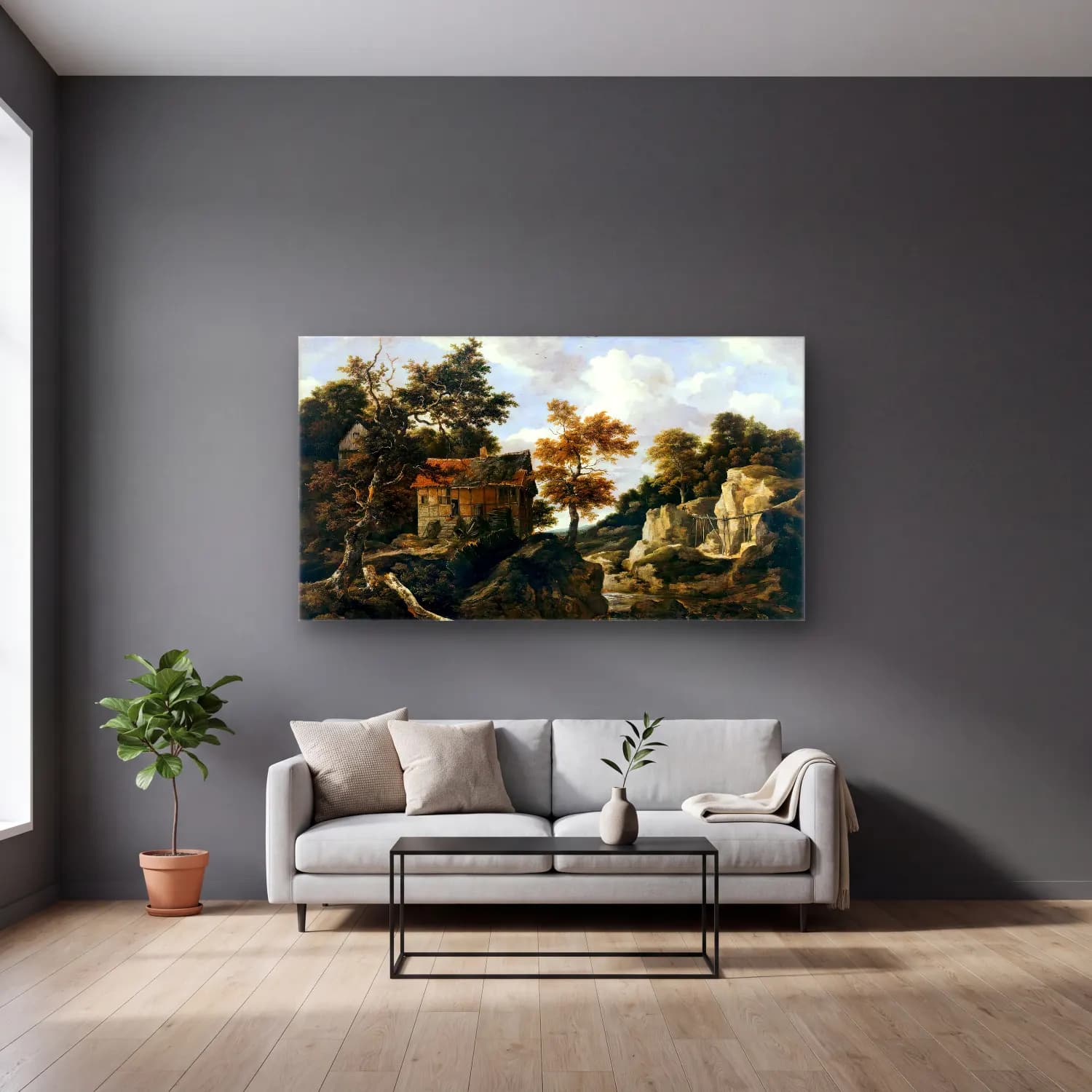 Jacob Isaackszon van Ruisdael – Rocky Landscape with a Waterfall cam tablo — gri duvarlı salonda