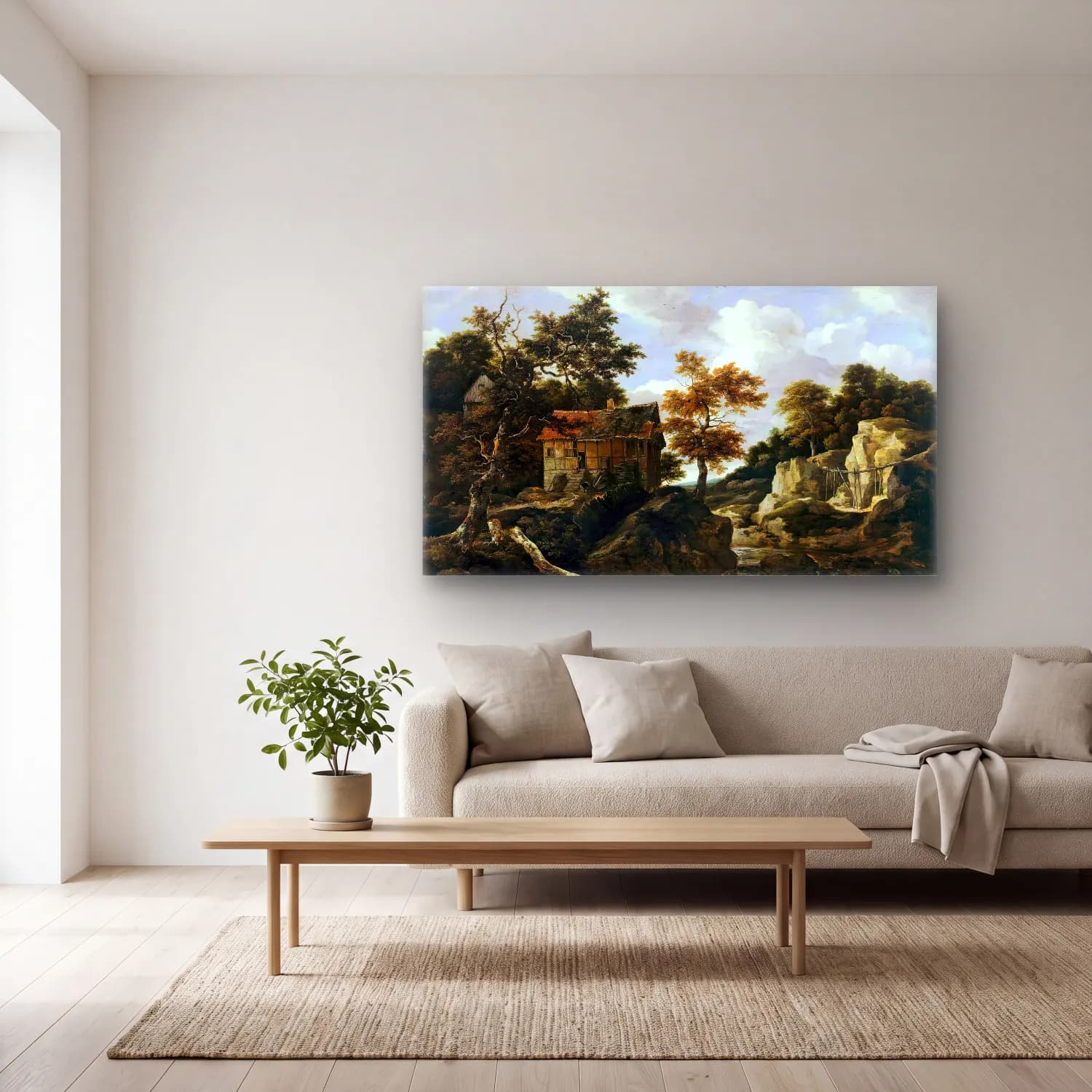 Jacob Isaackszon van Ruisdael – Rocky Landscape with a Waterfall cam tablo — açık renk salonda