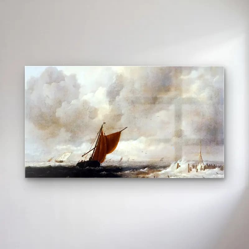 Jacob Isaackszon van Ruisdael – Stormy Sea with Sailing Boats cam tablo — Jacob Isaackszon van Ruisdael – Stormy Sea with Sailing Boats — yağlı boya fırtınalı denizde gemi