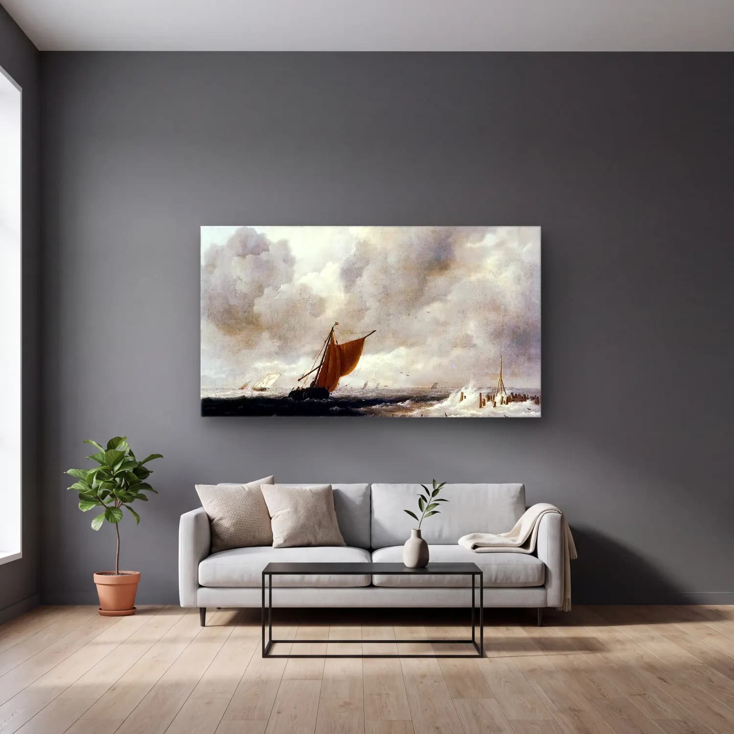 Jacob Isaackszon van Ruisdael – Stormy Sea with Sailing Boats cam tablo — gri duvarlı salonda