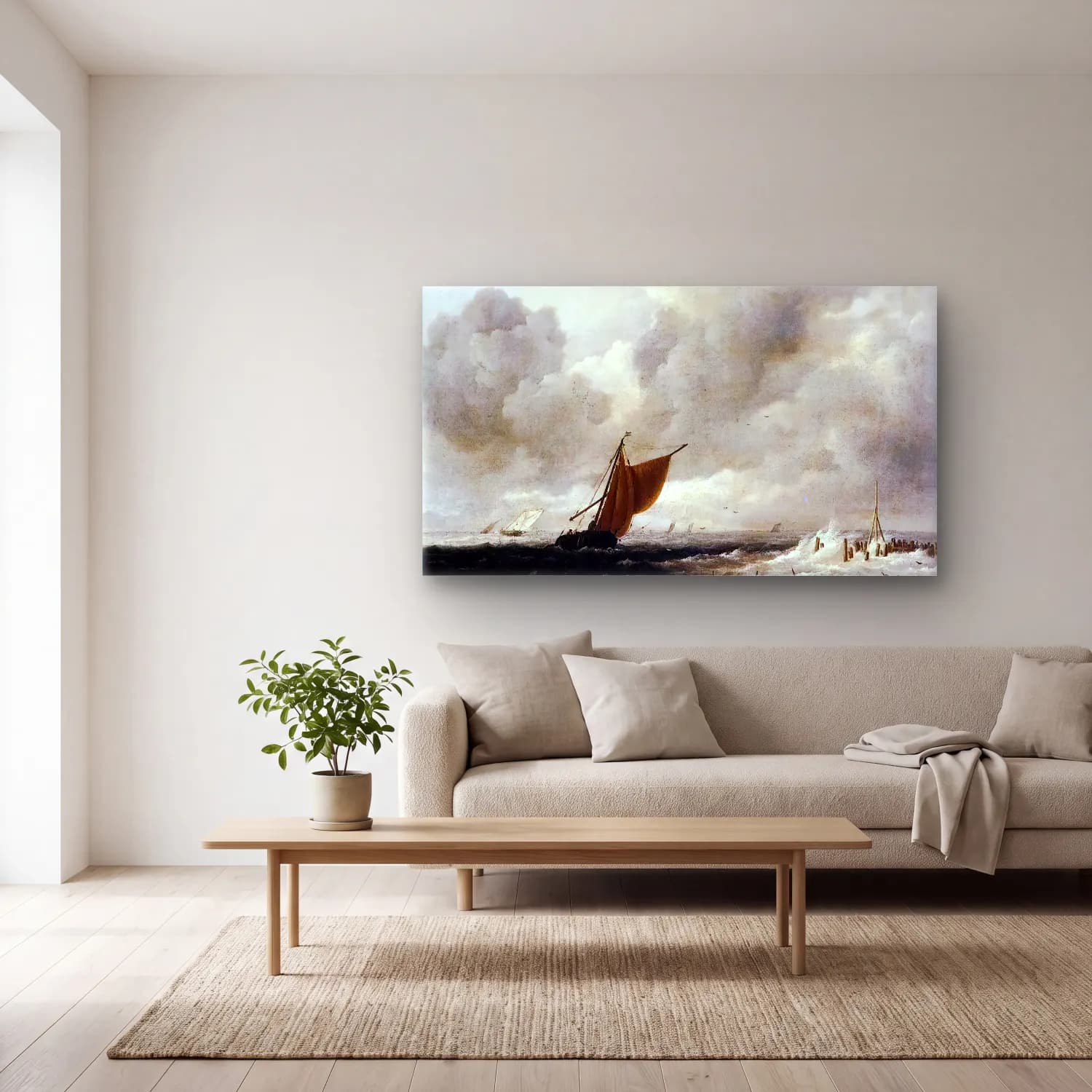 Jacob Isaackszon van Ruisdael – Stormy Sea with Sailing Boats cam tablo — açık renk salonda