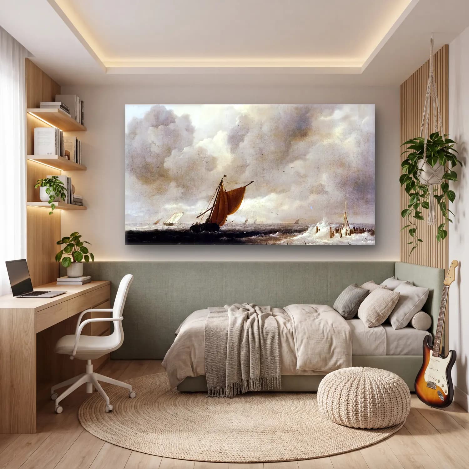 Jacob Isaackszon van Ruisdael – Stormy Sea with Sailing Boats cam tablo — genç odasında