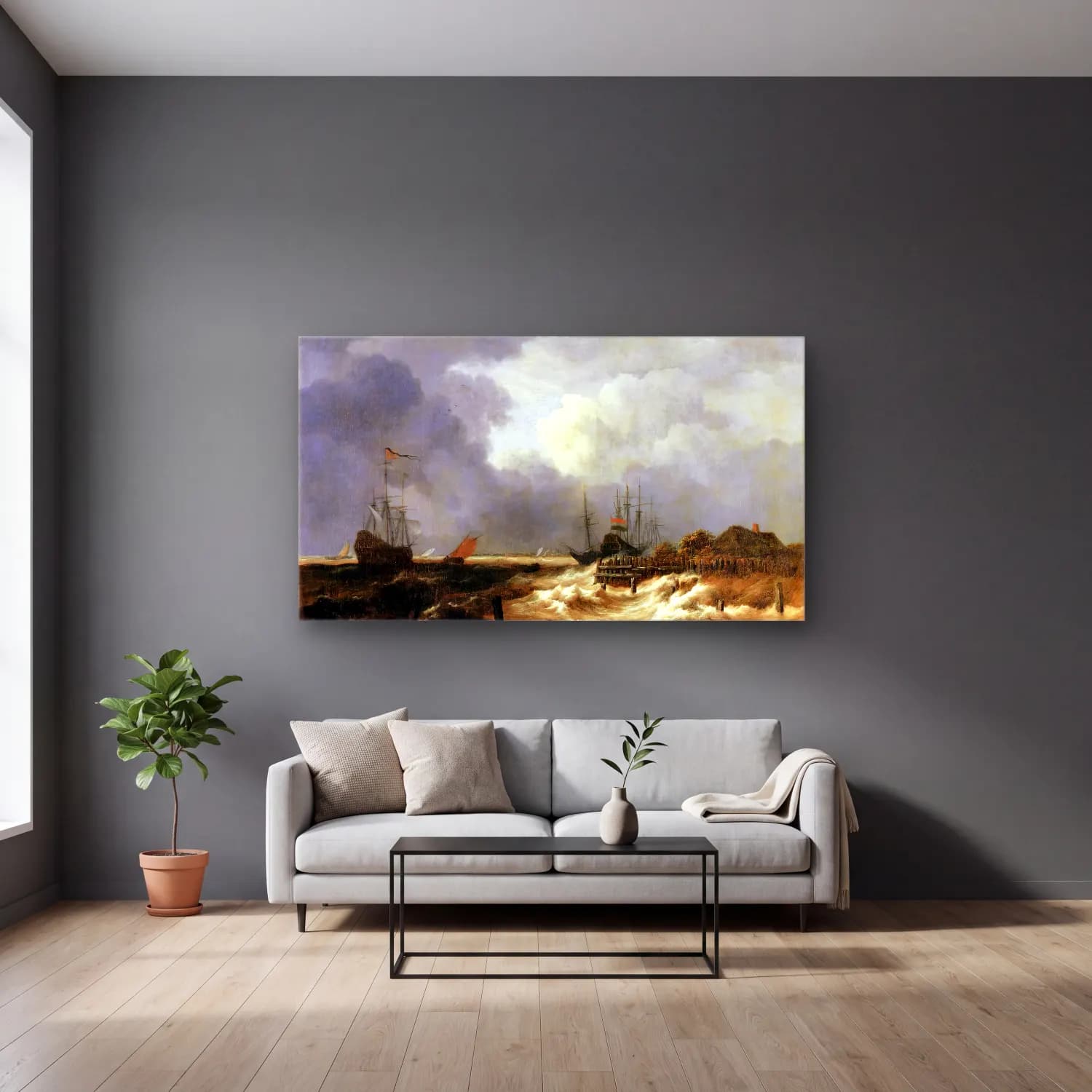 Jacob Isaackszon van Ruisdael – The Breakwater cam tablo — gri duvarlı salonda