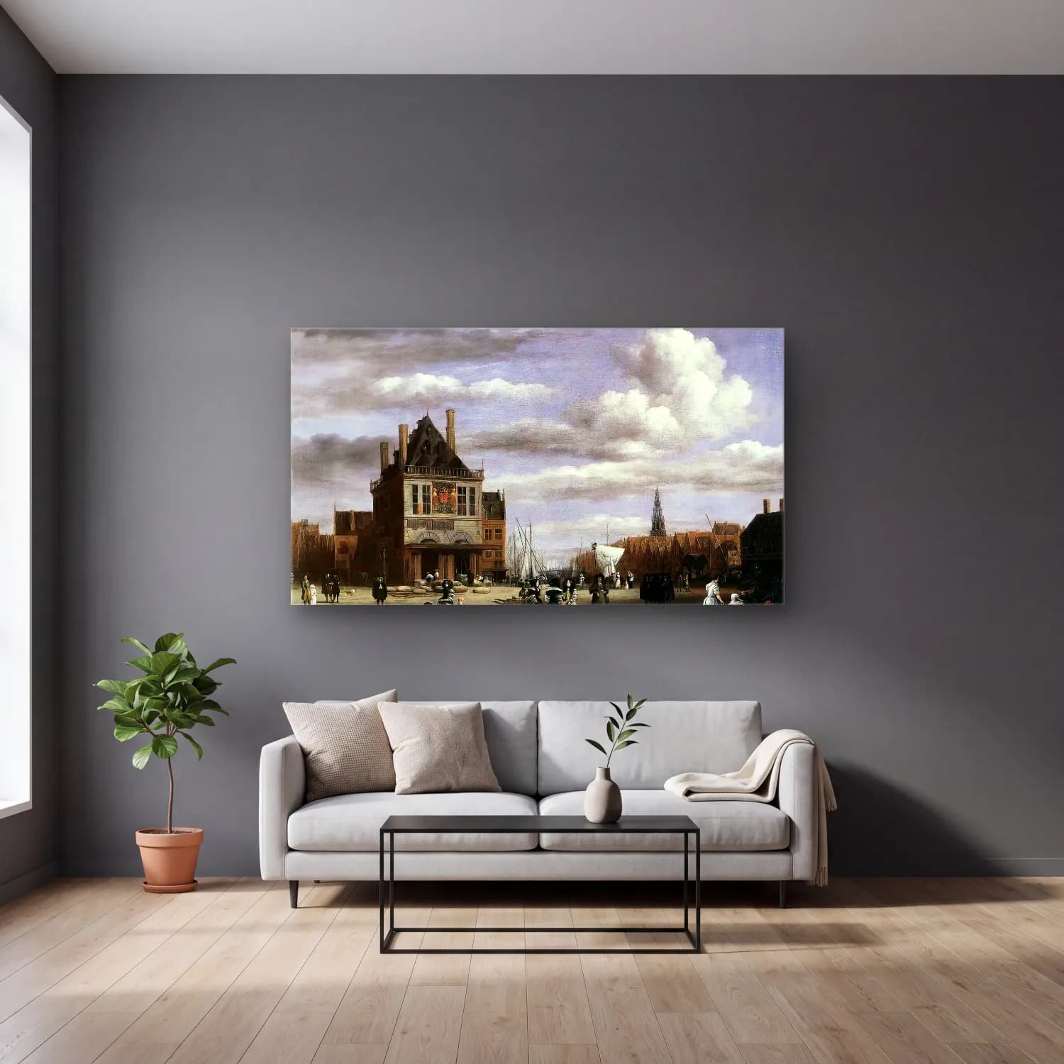 Jacob Isaackszon van Ruisdael – The Dam Square in Amsterdam cam tablo — gri duvarlı salonda