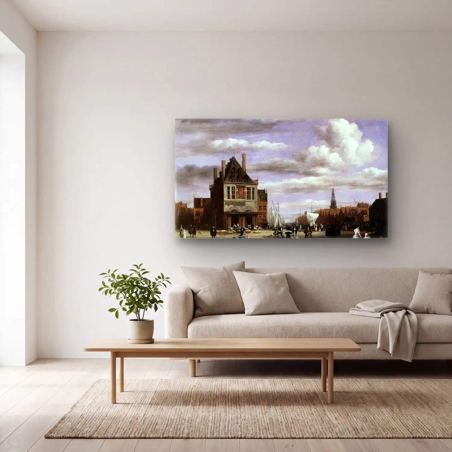 Jacob Isaackszon van Ruisdael – The Dam Square in Amsterdam cam tablo — açık renk salonda