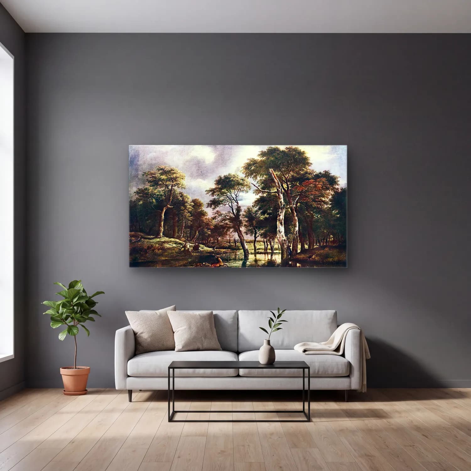 Jacob Isaackszon van Ruisdael – The Hunt cam tablo — gri duvarlı salonda