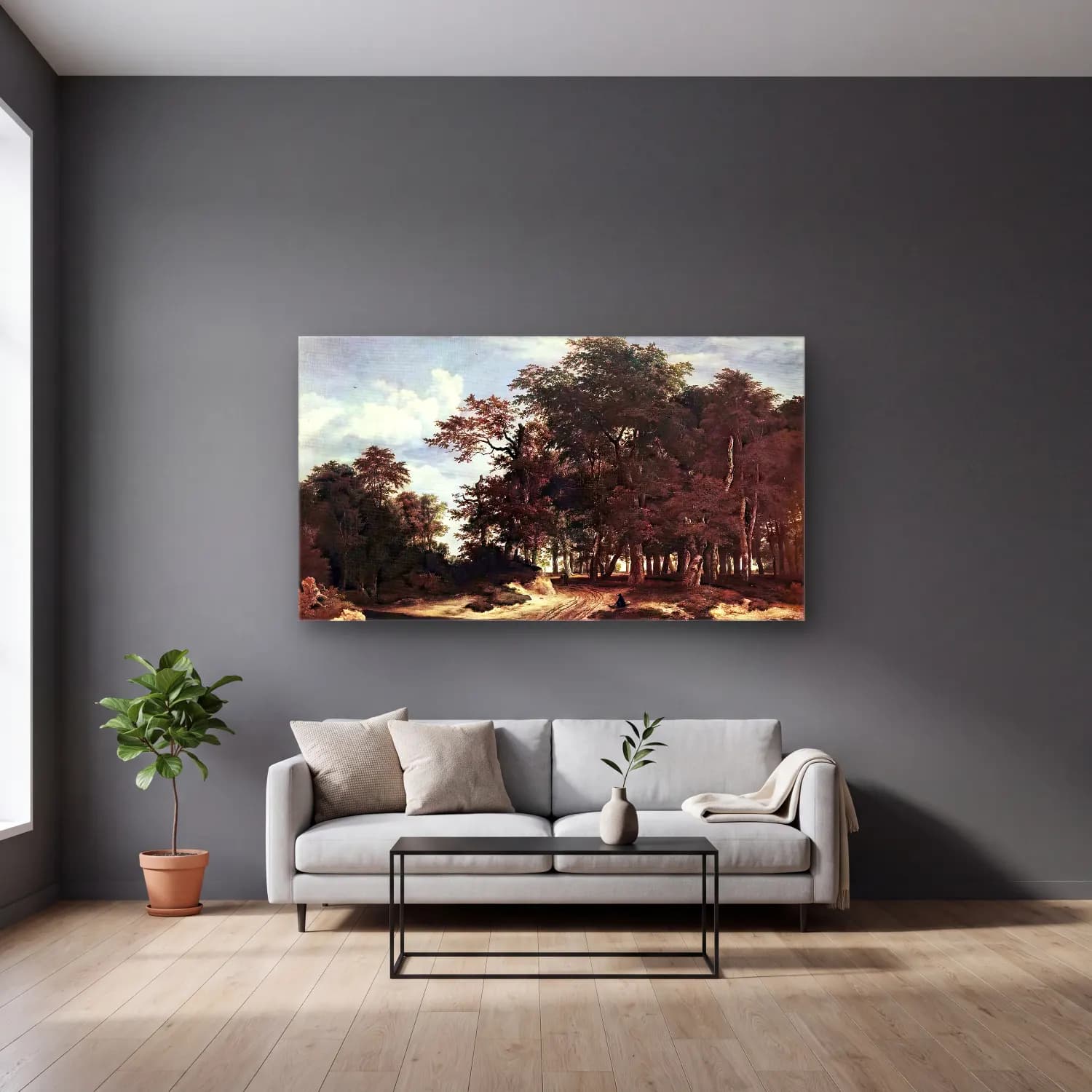 Jacob Isaackszon van Ruisdael – The Large Forest cam tablo — gri duvarlı salonda