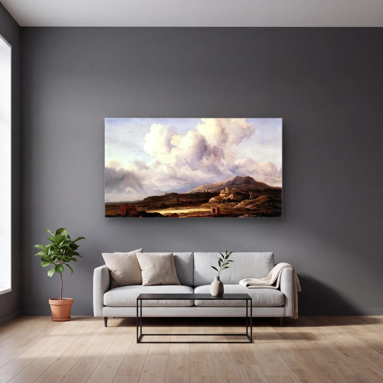 Jacob Isaackszon van Ruisdael – The Ray of Sunlight cam tablo — gri duvarlı salonda