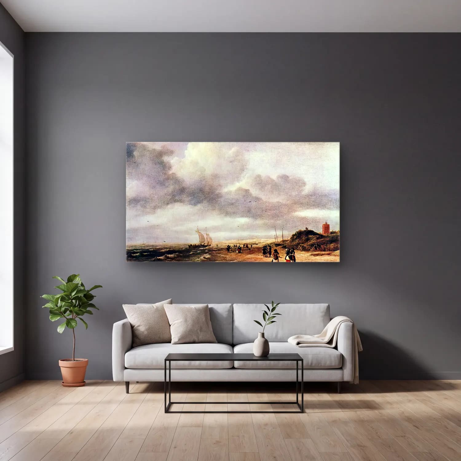 Jacob Isaackszon van Ruisdael – The Shore at Egmond-an-Zee cam tablo — gri duvarlı salonda