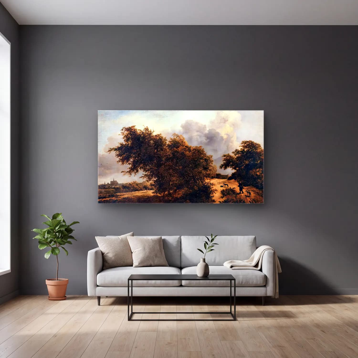 Jacob Isaackszon van Ruisdael – The Thicket (Path in the Haarlem Dunes) cam tablo — gri duvarlı salonda