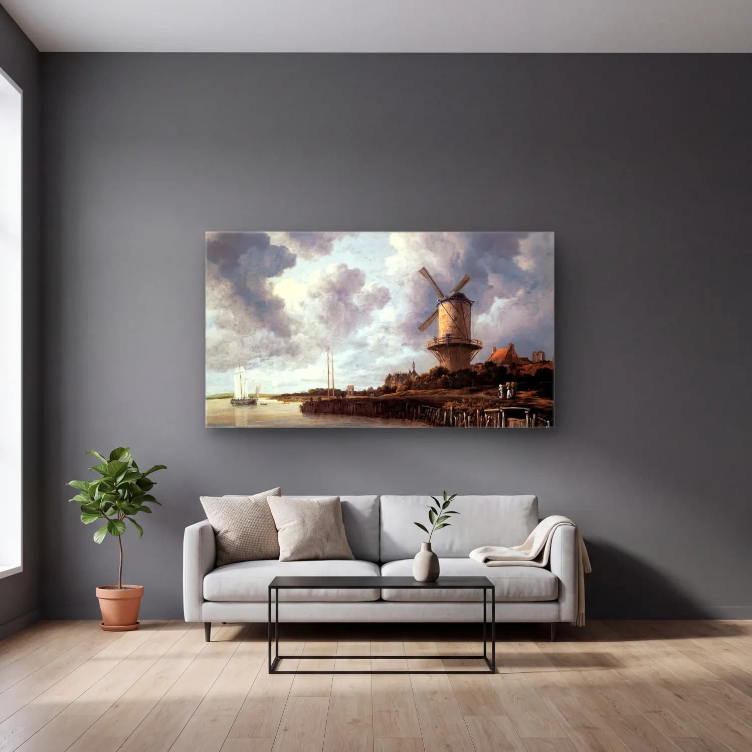 Jacob Isaackszon van Ruisdael – The Windmill at Wijk bij Duurstede cam tablo — gri duvarlı salonda
