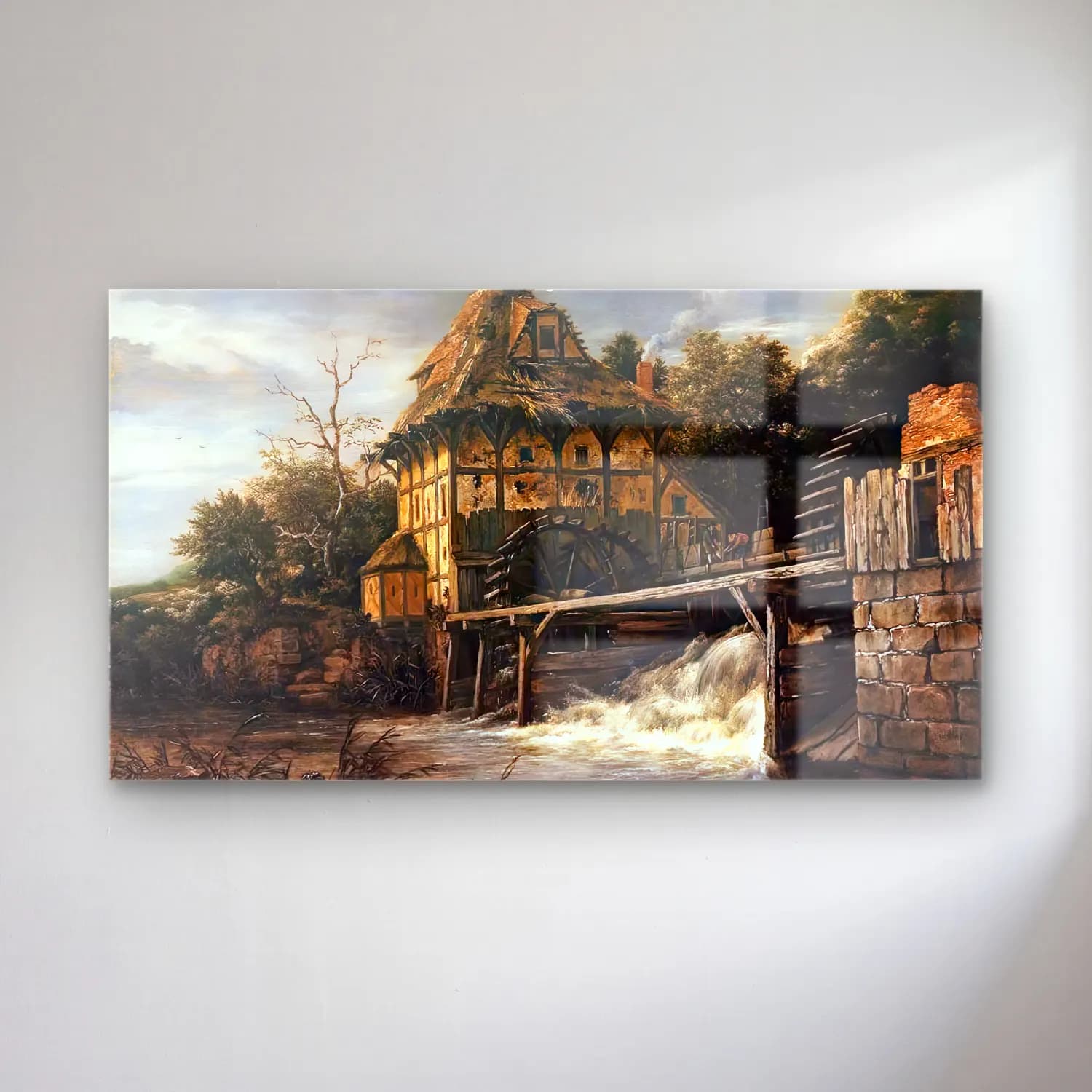 Jacob Isaackszon van Ruisdael – Two Undershot Watermills with Men Opening a Sluice cam tablo — Jacob Isaackszon van Ruisdael – Two Undershot Watermills with Men Opening a Sluice — yağlı boya kır evi