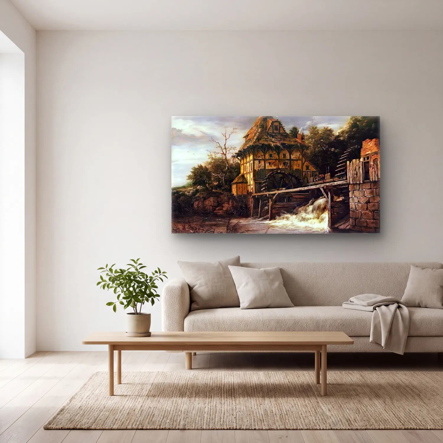 Jacob Isaackszon van Ruisdael – Two Undershot Watermills with Men Opening a Sluice cam tablo — açık renk salonda