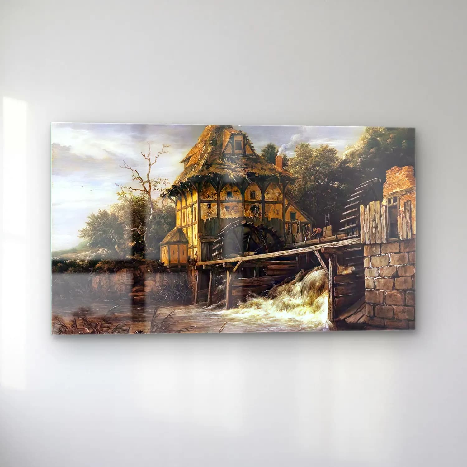 Jacob Isaackszon van Ruisdael – Two Undershot Watermills with Men Opening a Sluice cam tablo — sol açıdan görünüm