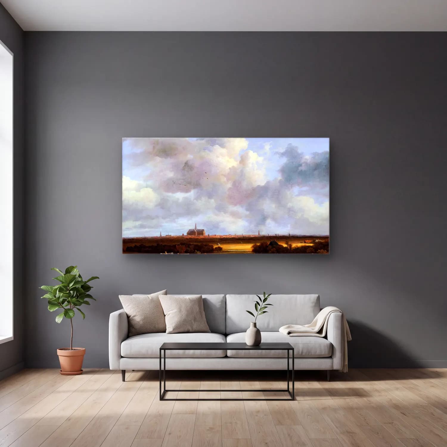 Jacob Isaackszon van Ruisdael – View of Haarlem with Bleaching Grounds cam tablo — gri duvarlı salonda