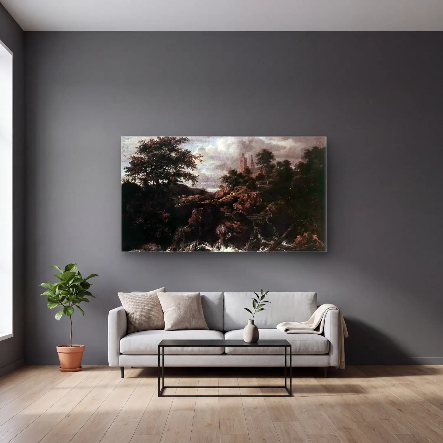 Jacob Isaackszon van Ruisdael – Waterfall by a Church cam tablo — gri duvarlı salonda