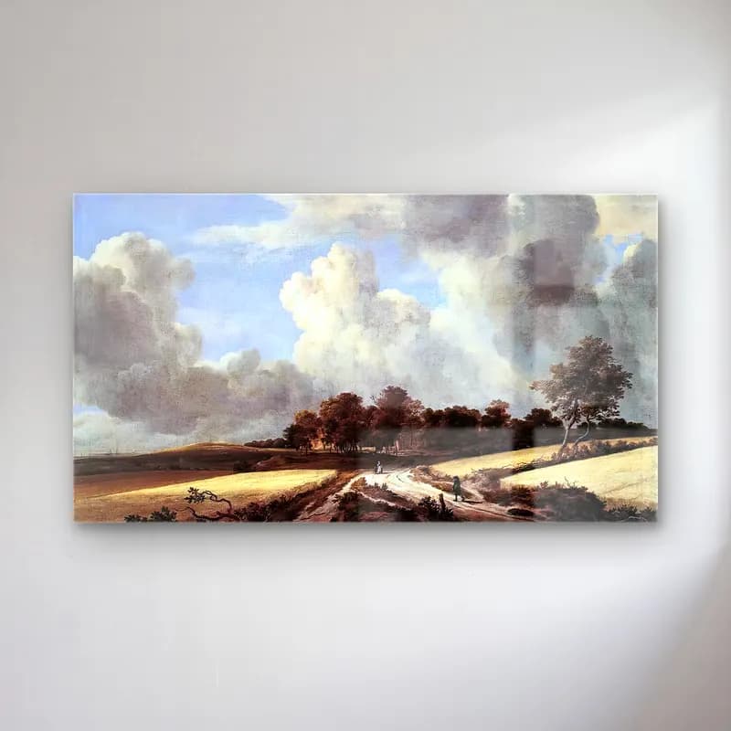 Jacob Isaackszon van Ruisdael – Wheat Fields cam tablo — Jacob Isaackszon van Ruisdael – Wheat Fields — yağlı boya bulutlu gökyüzü