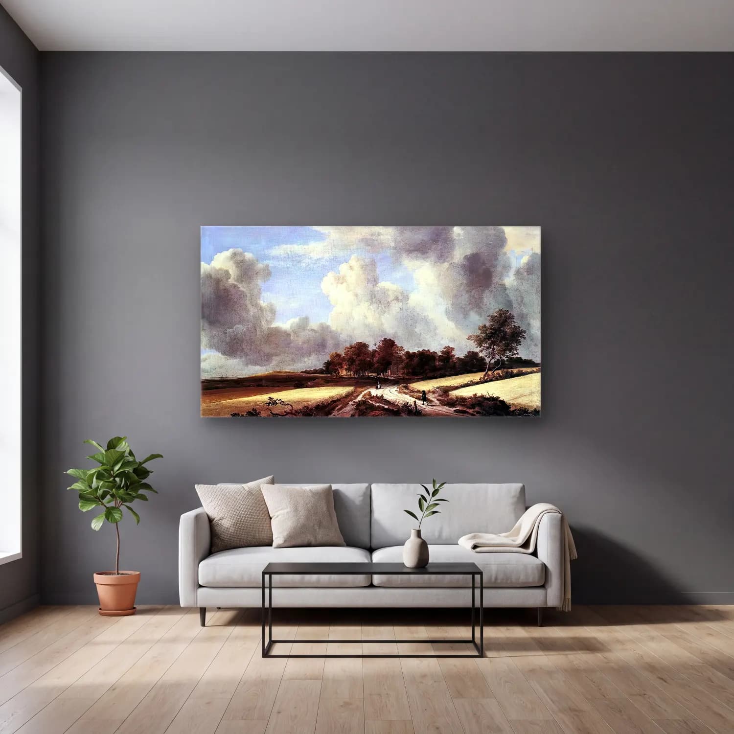 Jacob Isaackszon van Ruisdael – Wheat Fields cam tablo — gri duvarlı salonda