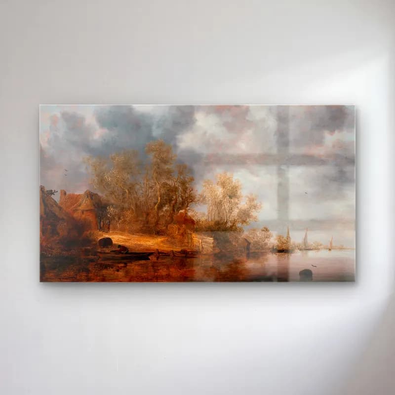 Salomon van Ruysdael – A Dutch Riverbank cam tablo — Salomon van Ruysdael – A Dutch Riverbank — yağlı boya kırda nehir