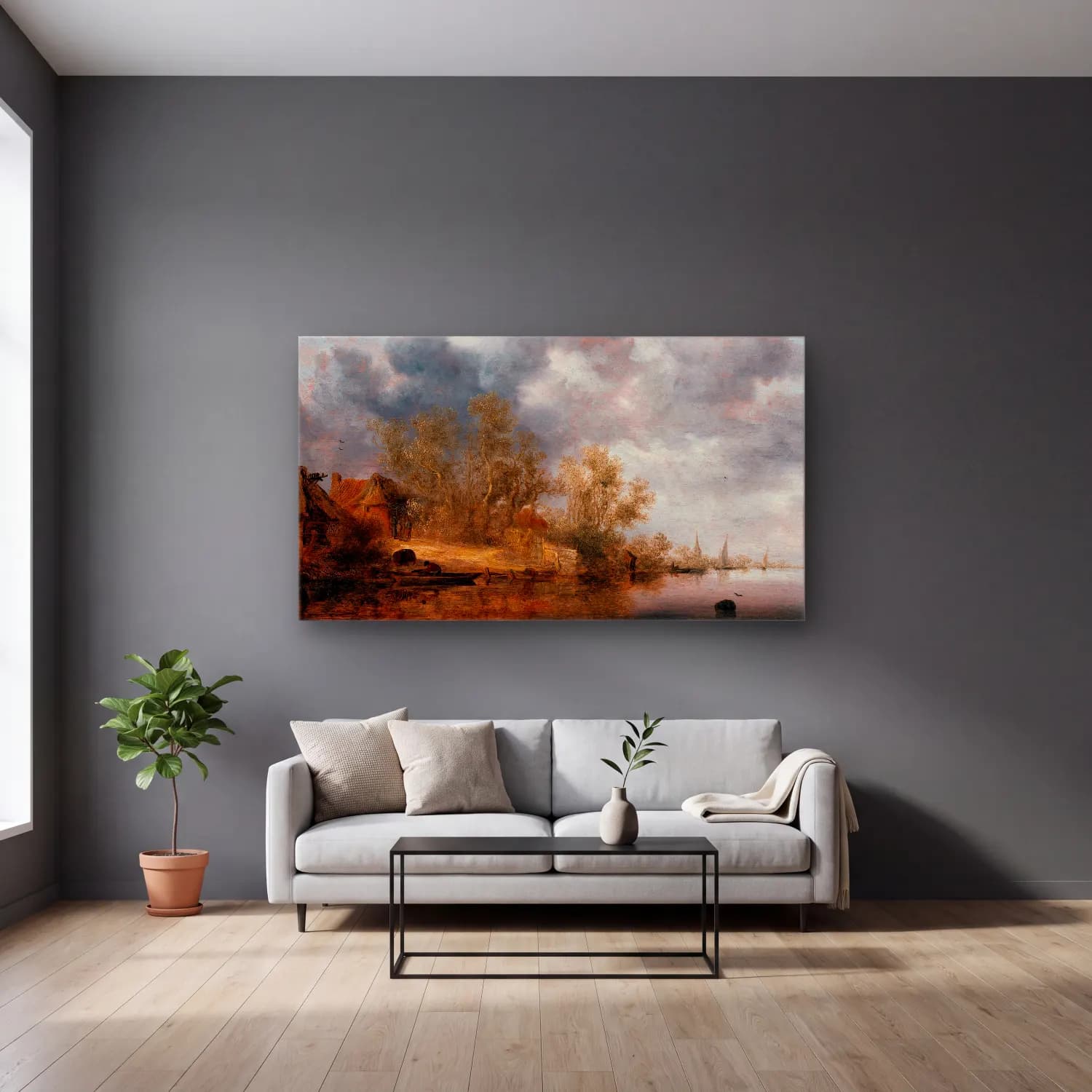 Salomon van Ruysdael – A Dutch Riverbank cam tablo — gri duvarlı salonda