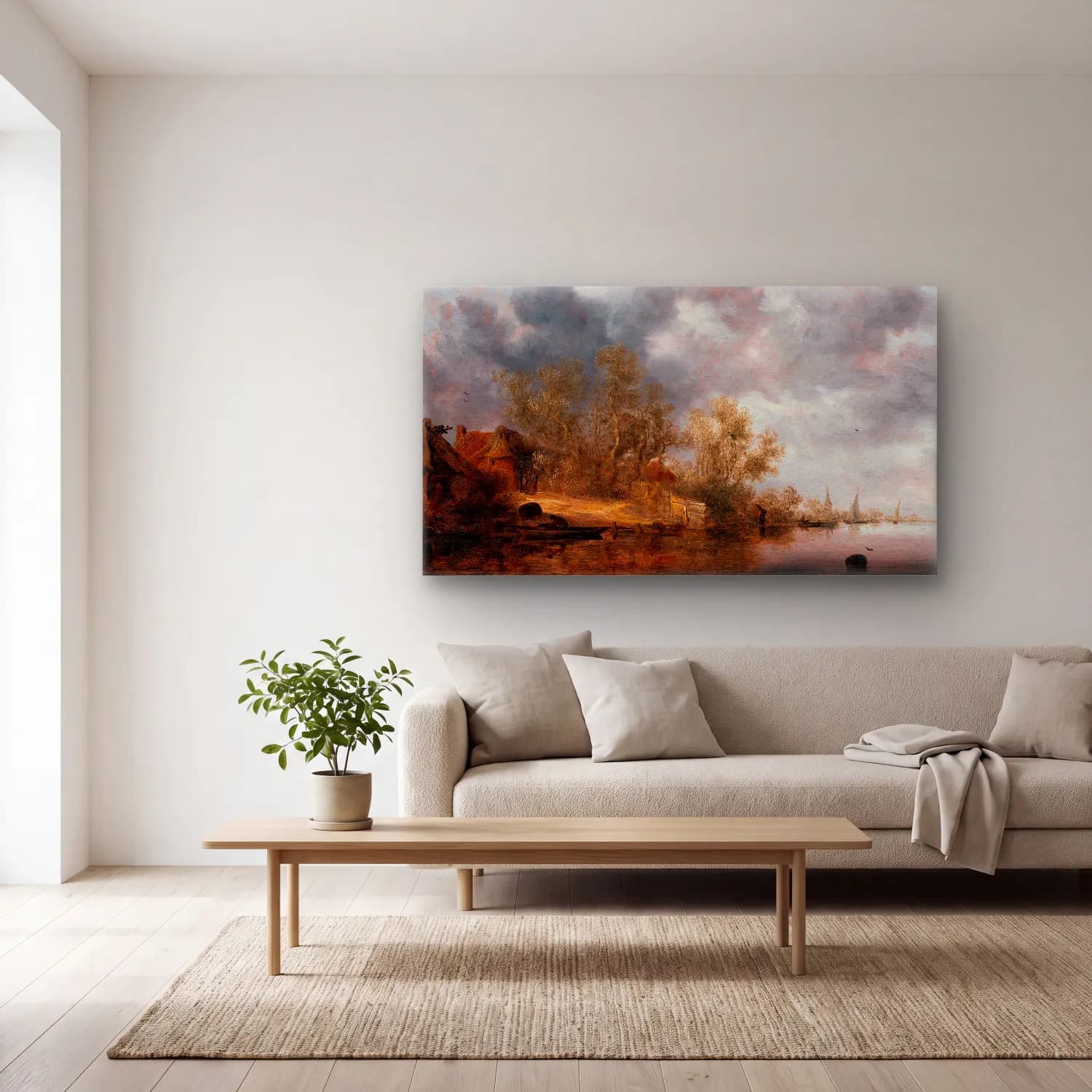 Salomon van Ruysdael – A Dutch Riverbank cam tablo — açık renk salonda