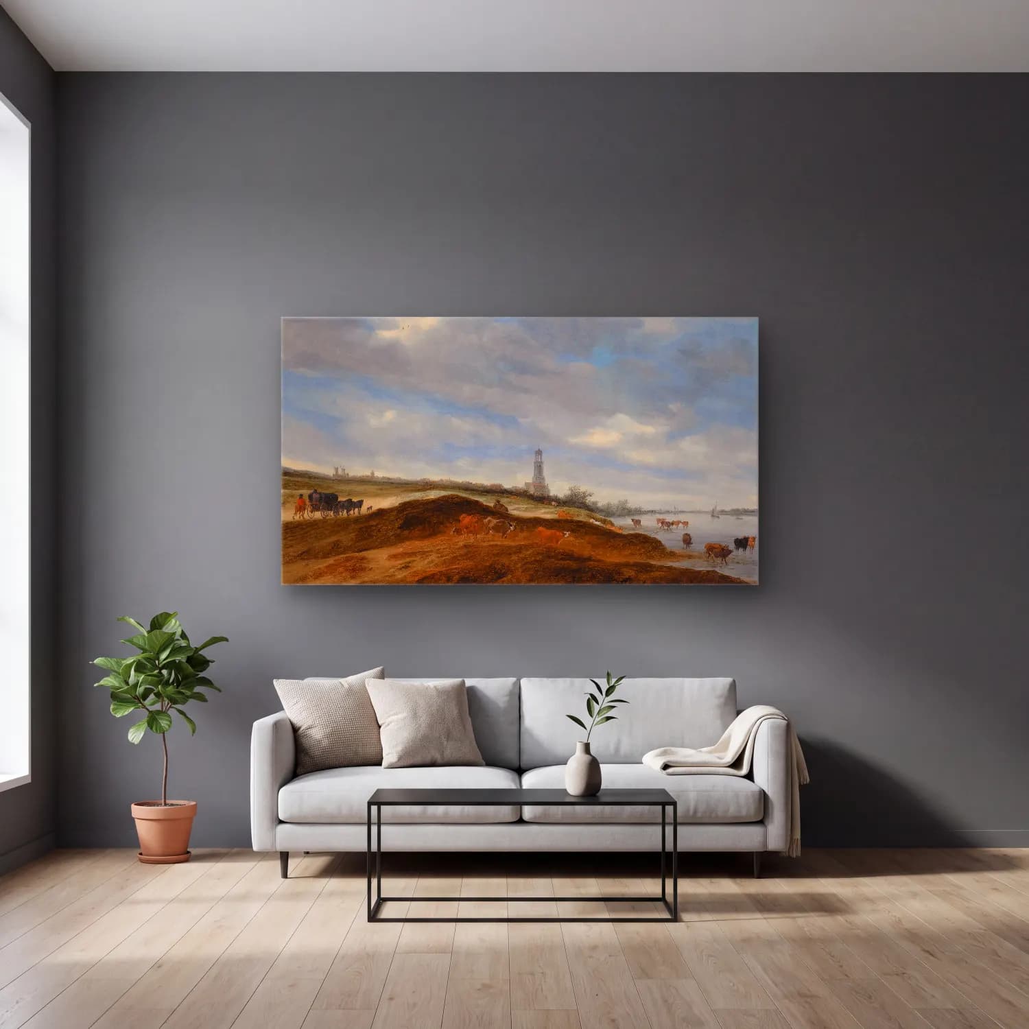 Salomon van Ruysdael – A Panoramic View Of Rhenen From The Banks Of The Rhine To… cam tablo — gri duvarlı salonda