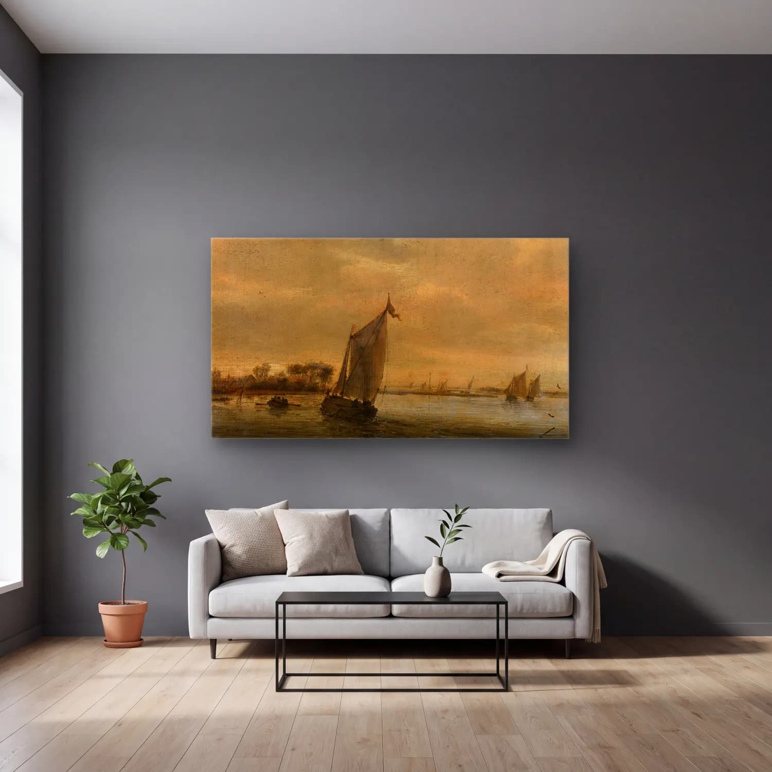 Salomon van Ruysdael – Calm Water cam tablo — gri duvarlı salonda