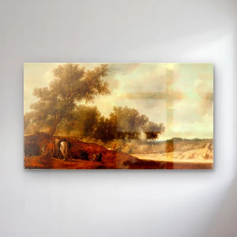 Salomon van Ruysdael – Landscape with Deer Hunters (circa 1630) cam tablo — Salomon van Ruysdael – Landscape with Deer Hunters (circa 1630) — yağlı boya sahilde i̇nsanlar