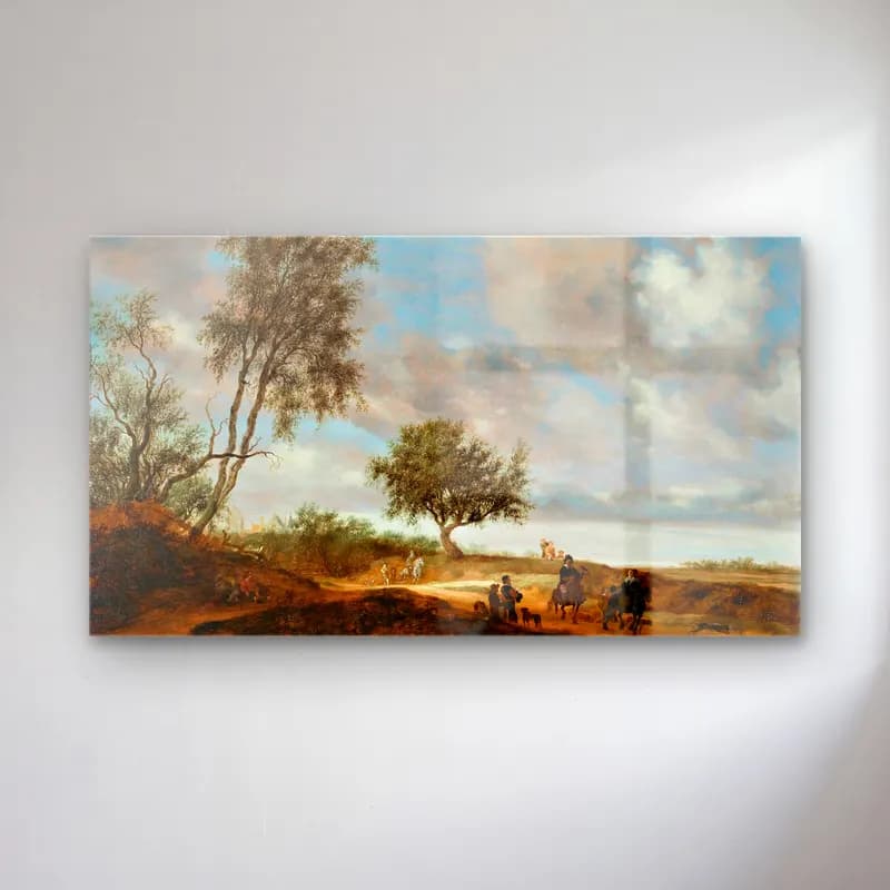 Salomon van Ruysdael – Landscape with hunters cam tablo — Salomon van Ruysdael – Landscape with hunters — yağlı boya kır evi