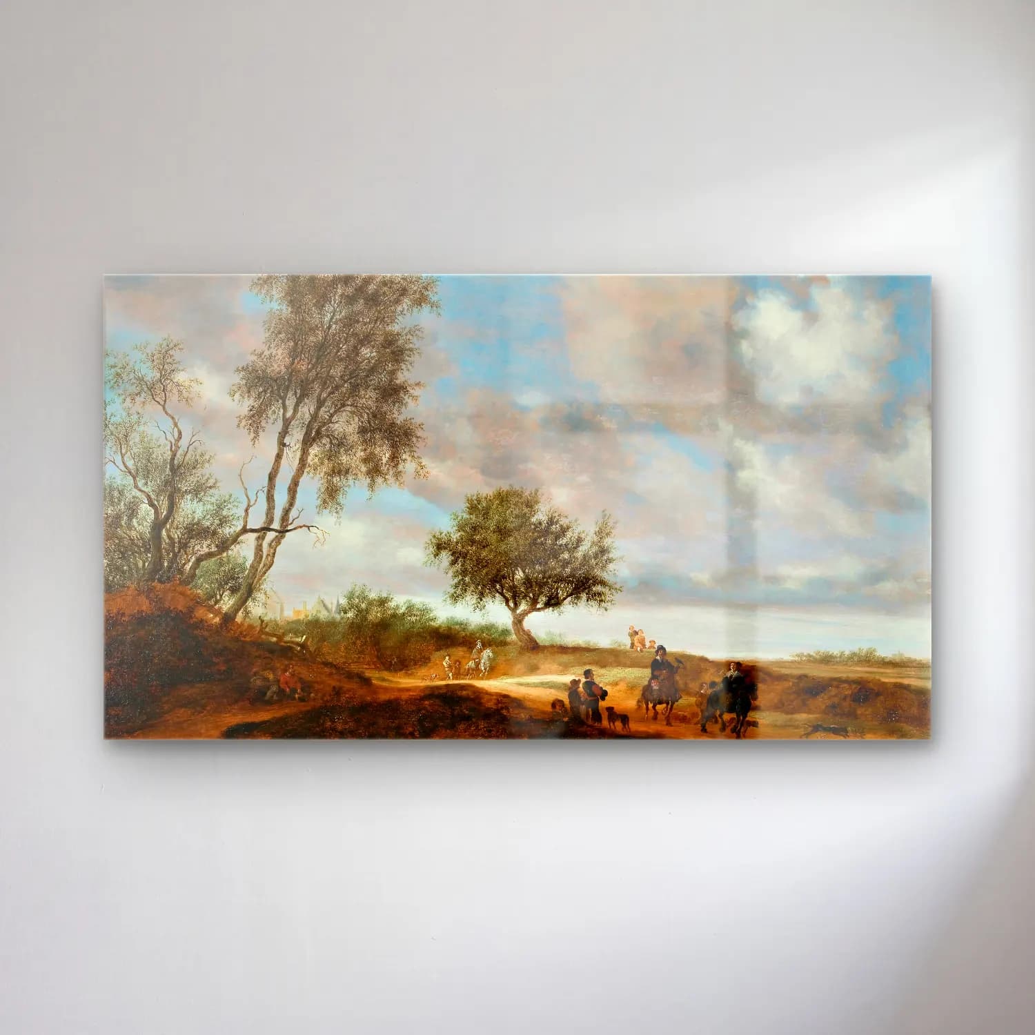 Salomon van Ruysdael – Landscape with hunters cam tablo — Salomon van Ruysdael – Landscape with hunters — yağlı boya kır evi