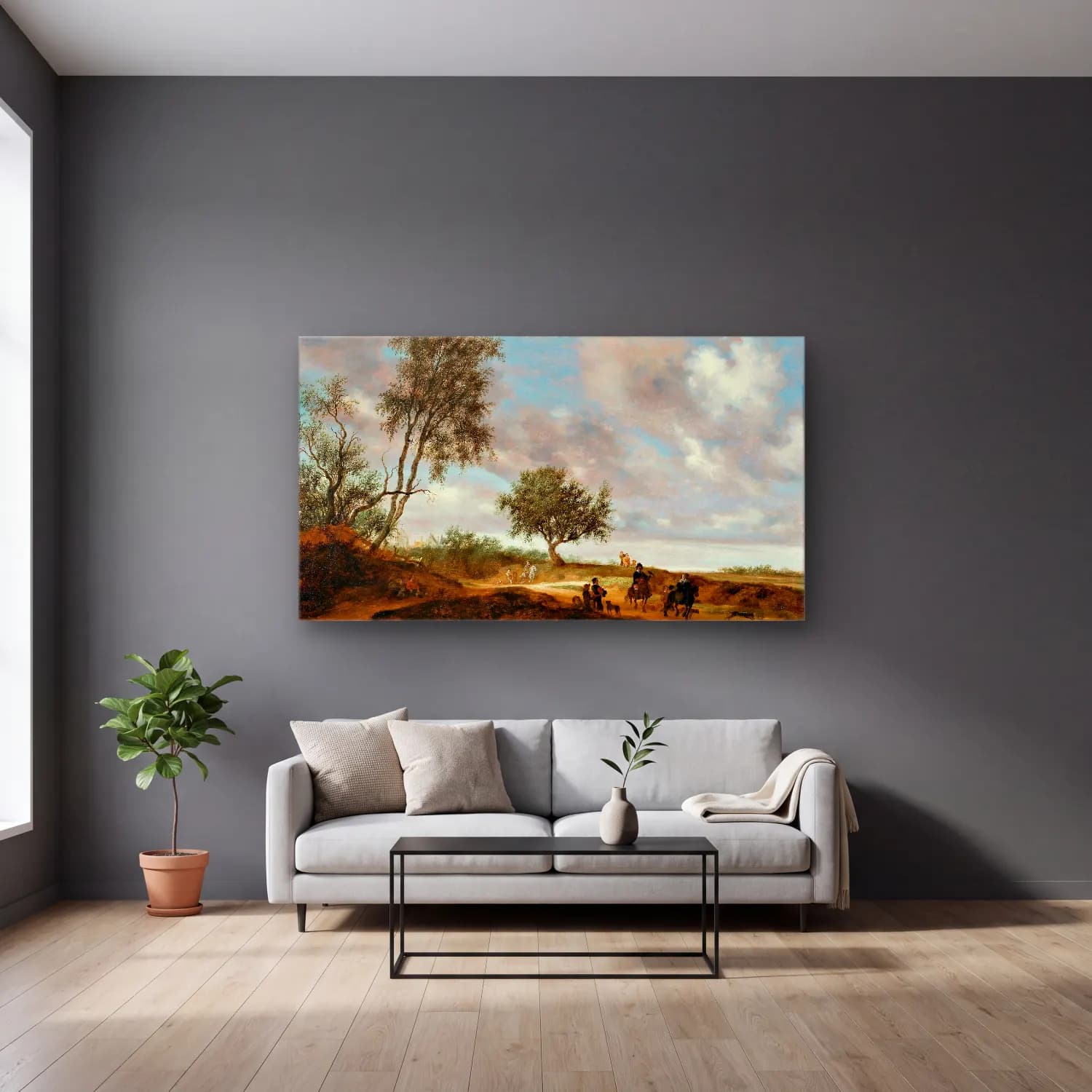 Salomon van Ruysdael – Landscape with hunters cam tablo — gri duvarlı salonda
