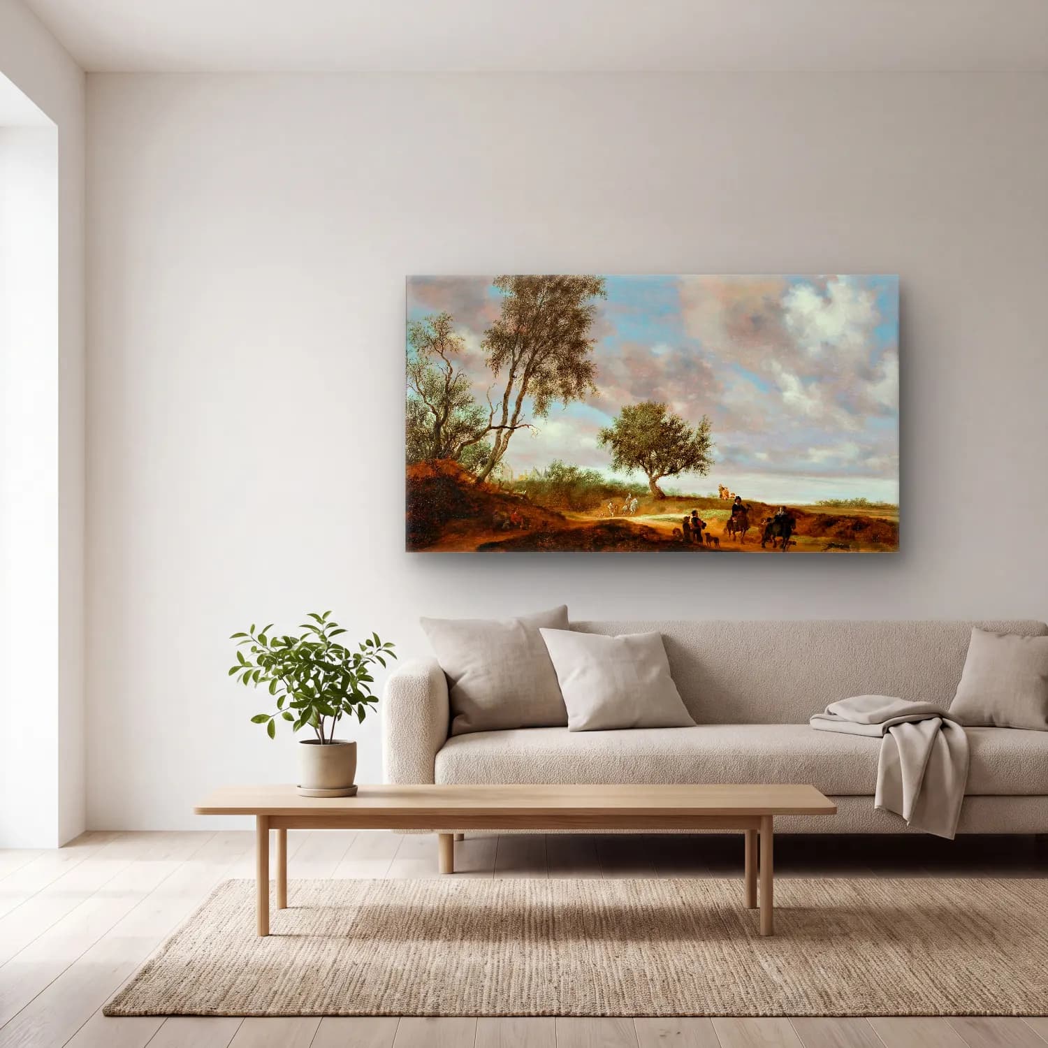 Salomon van Ruysdael – Landscape with hunters cam tablo — açık renk salonda