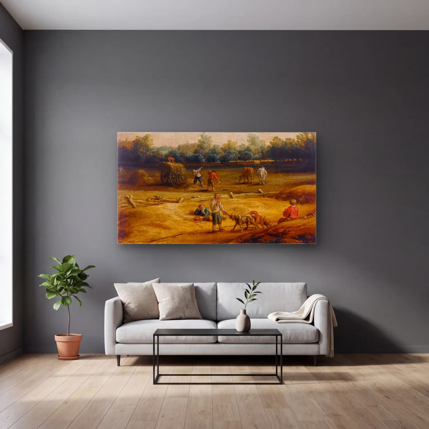 Salomon van Ruysdael – Peasants harvesting cam tablo — gri duvarlı salonda