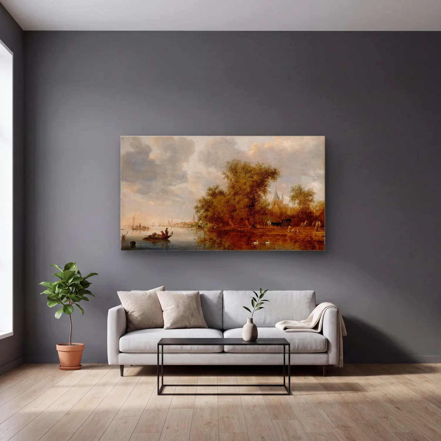 Salomon van Ruysdael – River Landscape cam tablo — gri duvarlı salonda