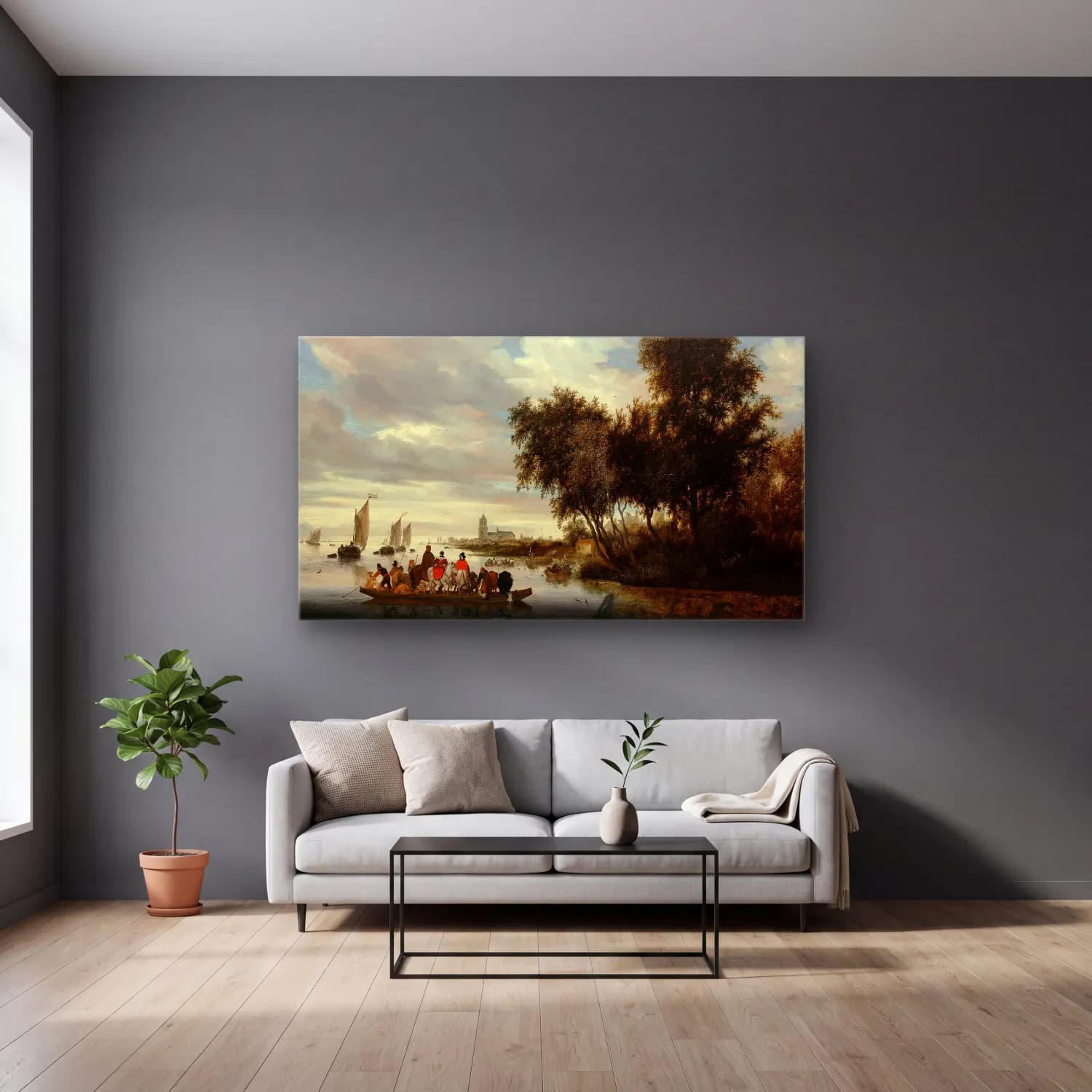 Salomon van Ruysdael – River Landscape with Ferry cam tablo — gri duvarlı salonda
