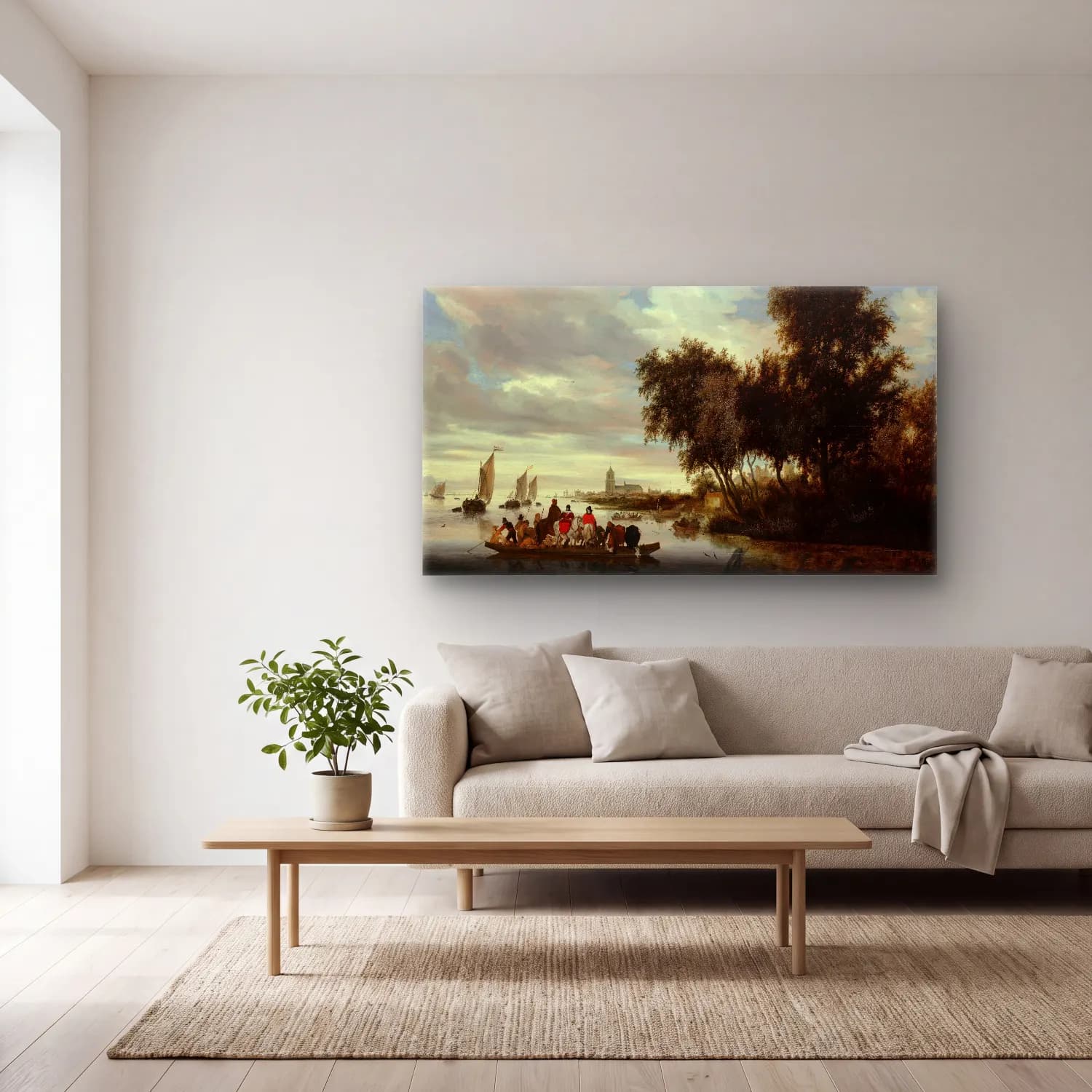Salomon van Ruysdael – River Landscape with Ferry cam tablo — açık renk salonda