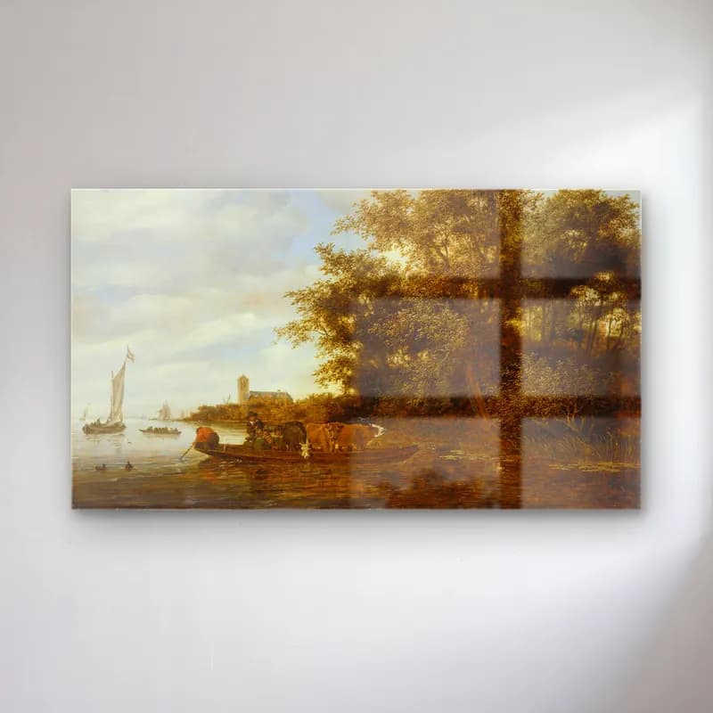 Salomon van Ruysdael – River Landscape with Ferry – Bej Tonlar cam tablo — Salomon van Ruysdael – River Landscape with Ferry – Bej Tonlar — yağlı boya kırda nehir