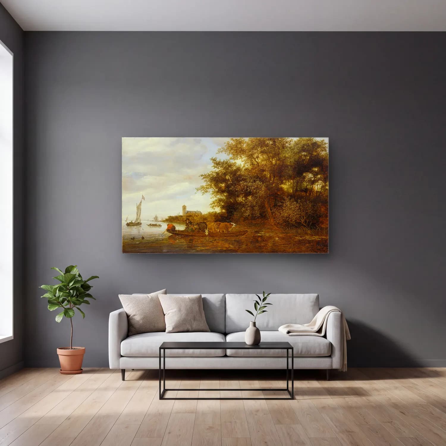 Salomon van Ruysdael – River Landscape with Ferry – Bej Tonlar cam tablo — gri duvarlı salonda