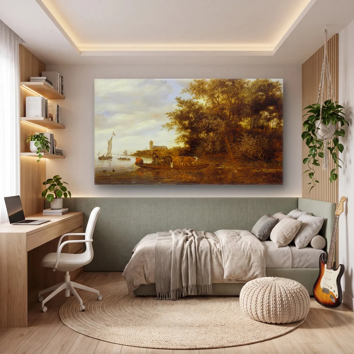 Salomon van Ruysdael – River Landscape with Ferry – Bej Tonlar cam tablo — genç odasında