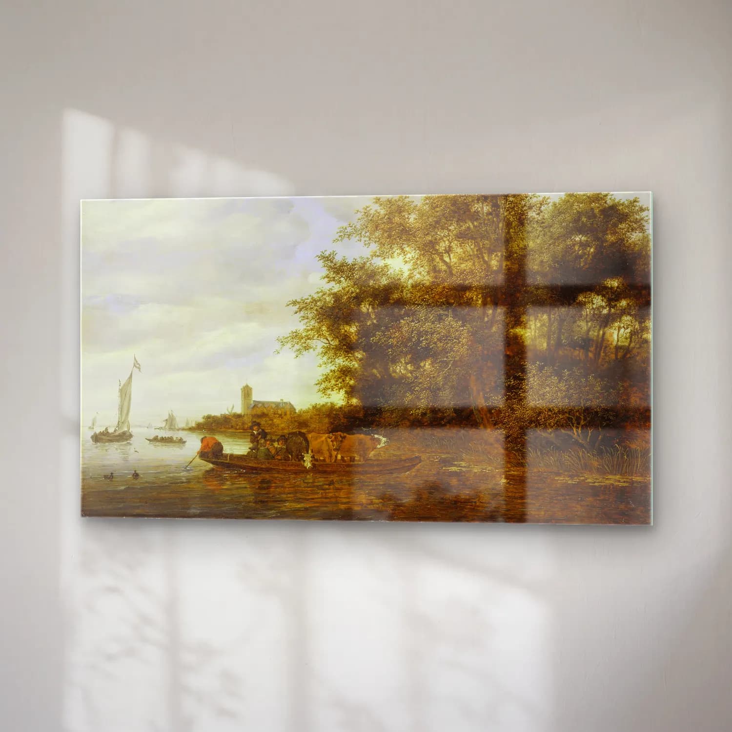 Salomon van Ruysdael – River Landscape with Ferry – Bej Tonlar cam tablo — sağ açıdan görünüm