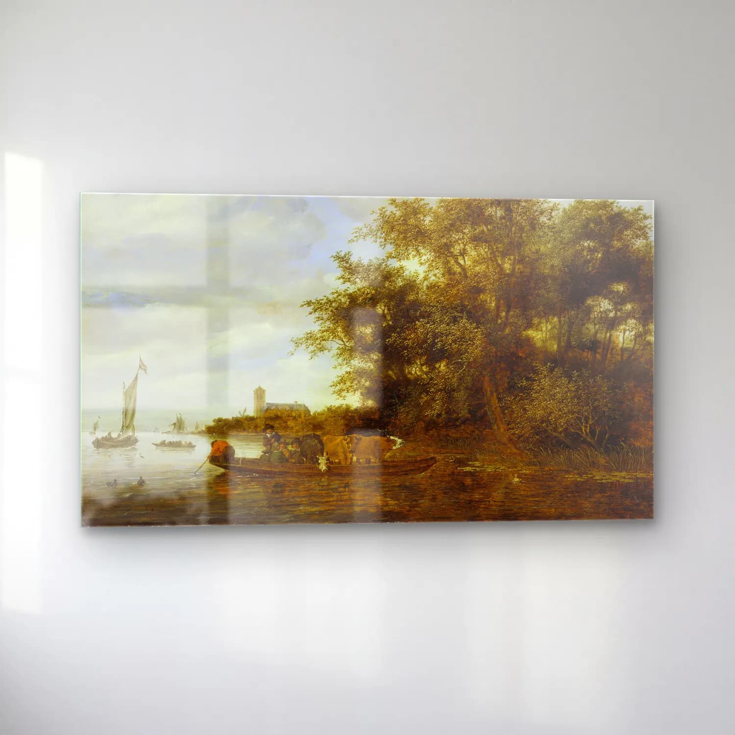 Salomon van Ruysdael – River Landscape with Ferry – Bej Tonlar cam tablo — sol açıdan görünüm