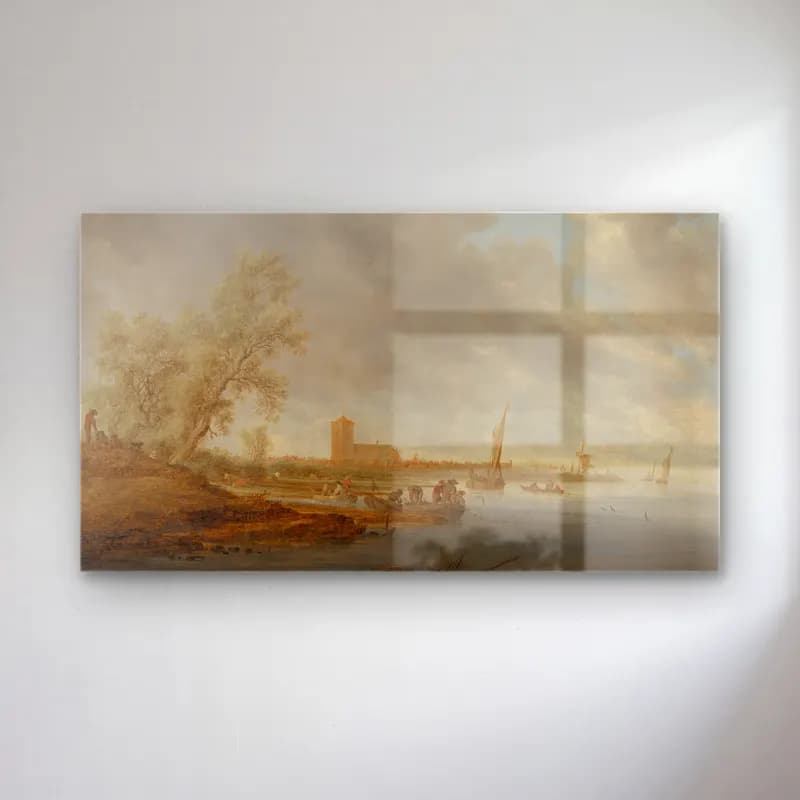 Salomon van Ruysdael – River Landscape with a View of Naarden cam tablo — Salomon van Ruysdael – River Landscape with a View of Naarden — yağlı boya liman ve tekneler