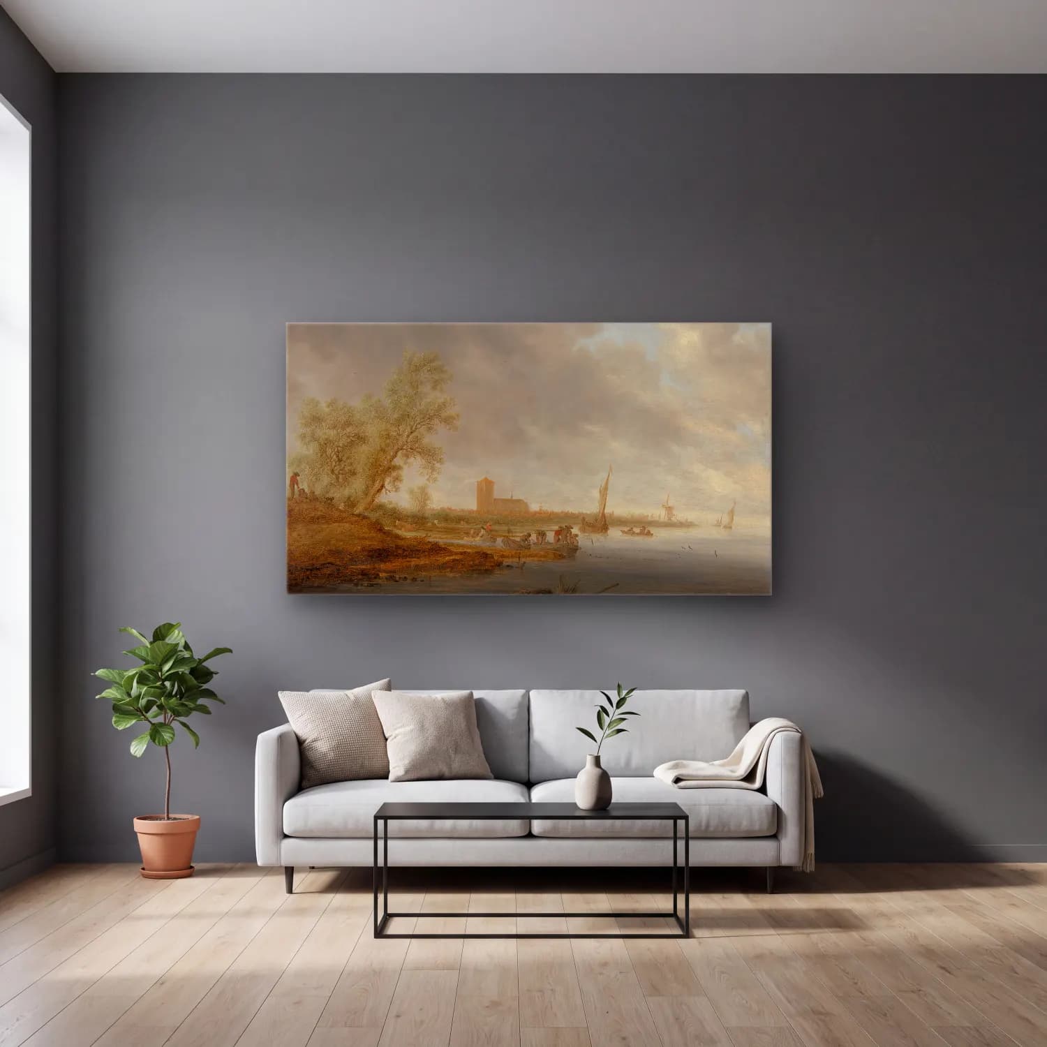 Salomon van Ruysdael – River Landscape with a View of Naarden cam tablo — gri duvarlı salonda
