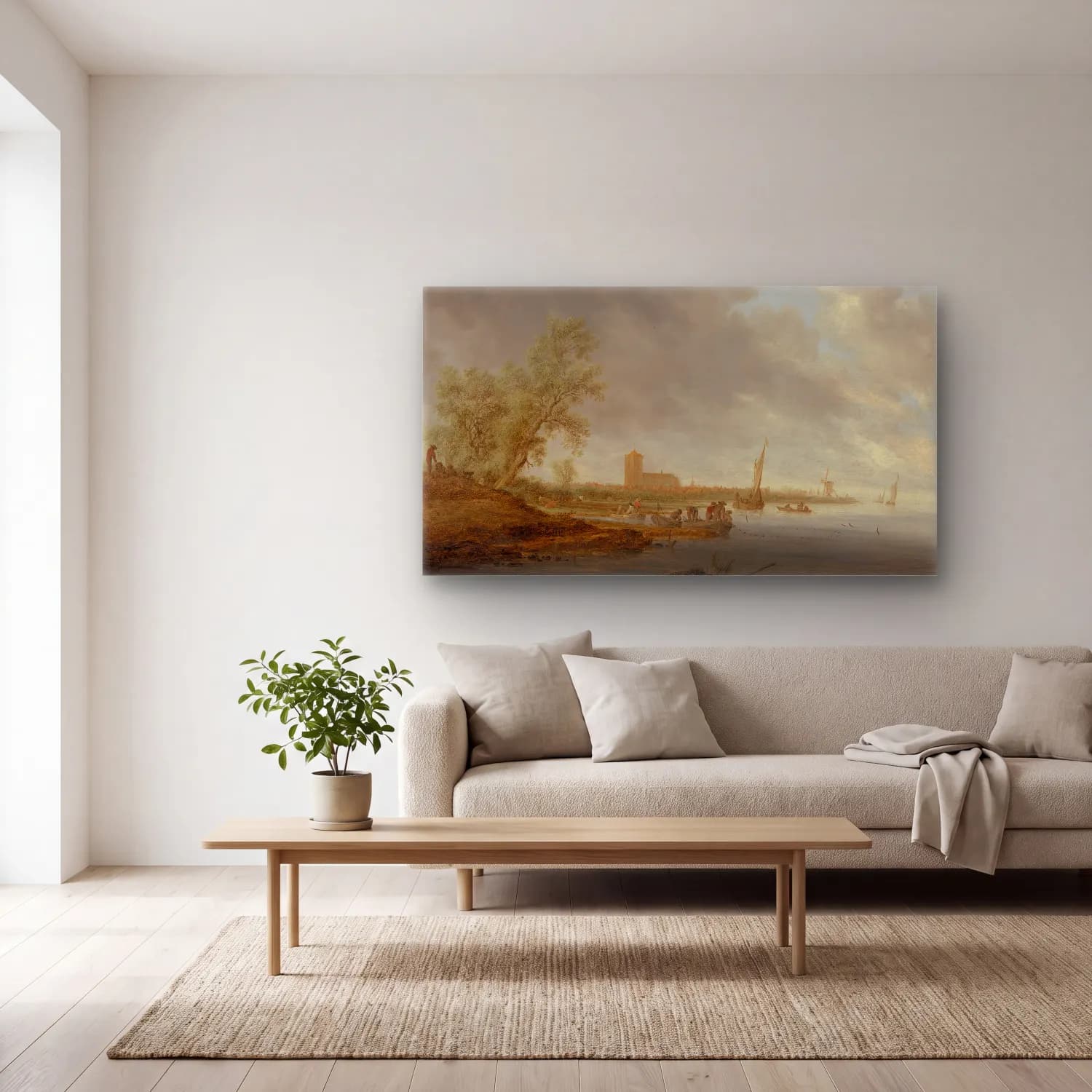 Salomon van Ruysdael – River Landscape with a View of Naarden cam tablo — açık renk salonda