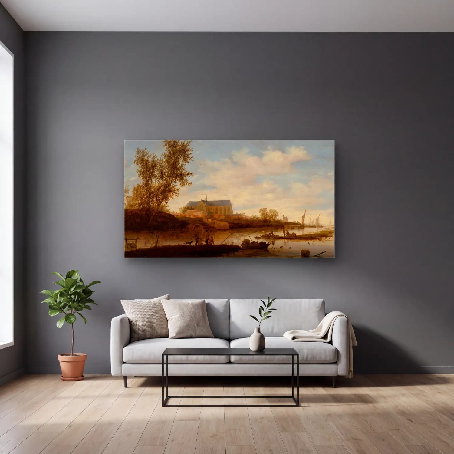 Salomon van Ruysdael – River landscape with fishermen in the foreground, the… cam tablo — gri duvarlı salonda